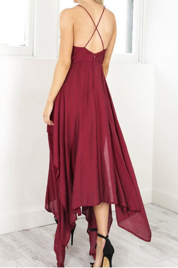 Vestido de fiesta burdeos con tirantes, escote en V y corte asimétrico, modelo PD310