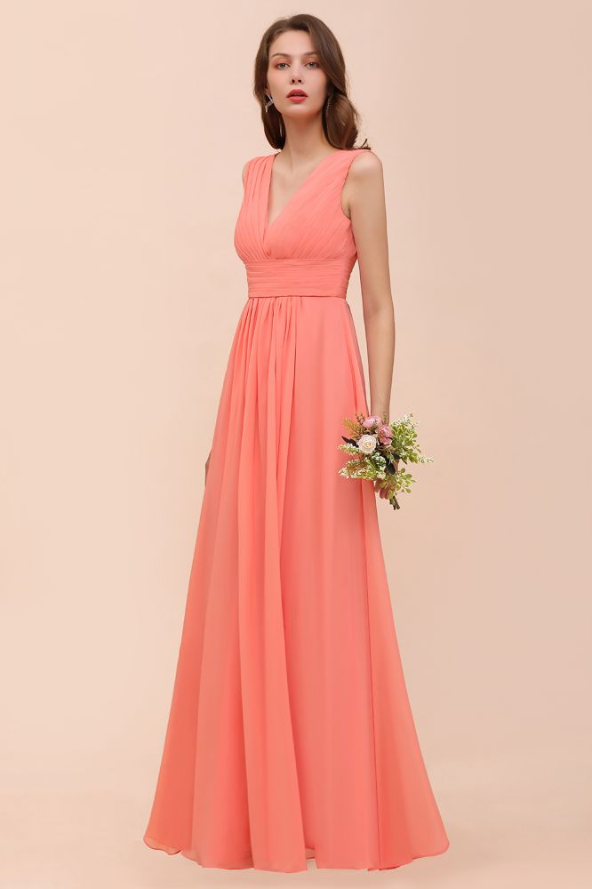 Vestido de dama de honor largo hasta el suelo con escote en V y tirantes