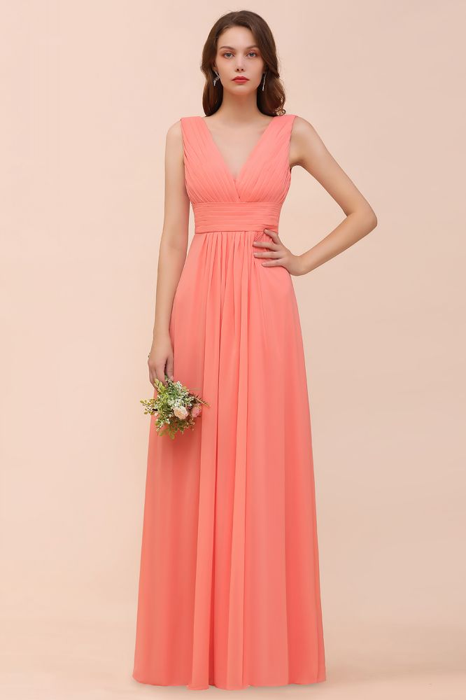 Vestido de dama de honor largo hasta el suelo con escote en V y tirantes