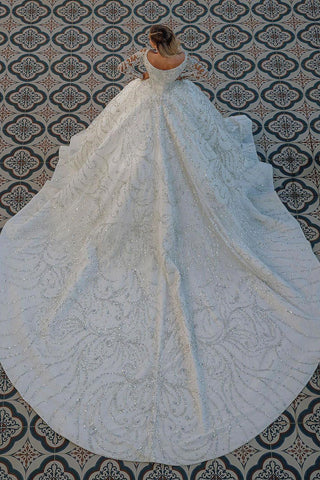 Impresionante vestido de novia de gala de manga larga y lujo 