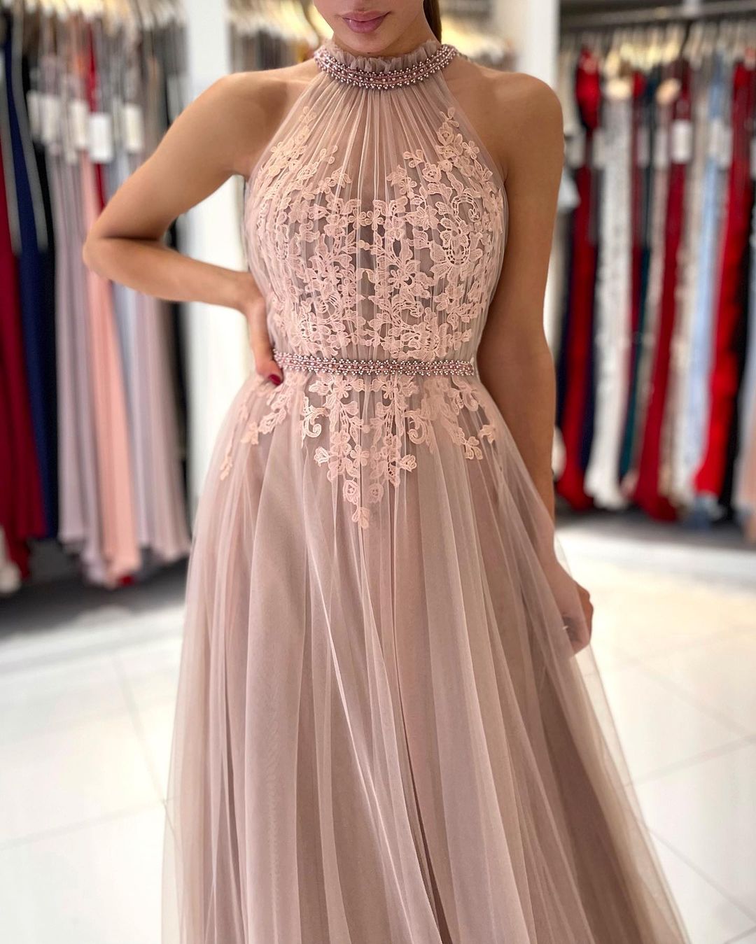 Stunning A-line High Neck Tulle Long Formal Prom Dress with Lace Appliques