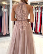 Stunning A-line High Neck Tulle Long Formal Prom Dress with Lace Appliques