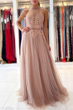 Stunning A-line High Neck Tulle Long Formal Prom Dress with Lace Appliques
