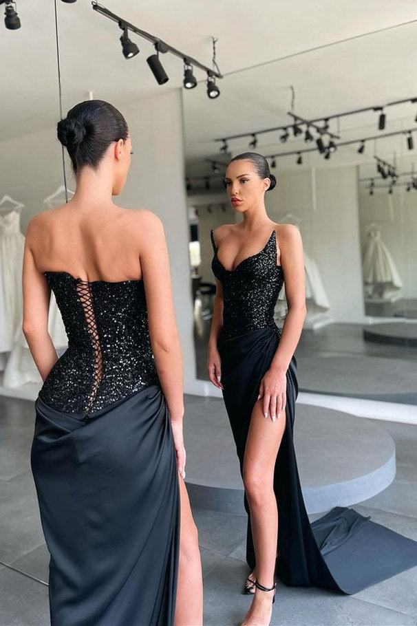 Robe de bal noire à sequins, fendue jusqu'à la taille et lacée, sans bretelles, absolument magnifique