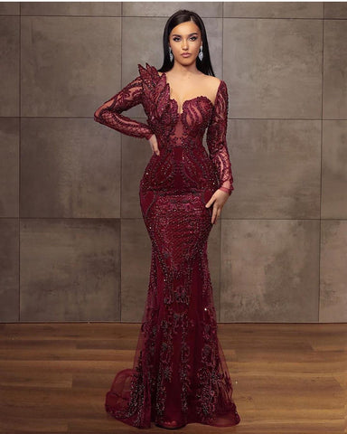 Stunning Burgundy Long Mermaid Sweetheart Lace Tulle Formal Evening Dresses
