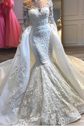 Impresionante vestido de novia de sirena con cuello redondo y cola desmontable