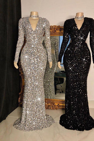 Stunning Crystal Sequins Long Sleeves V-Neck Mermaid Prom Dresses