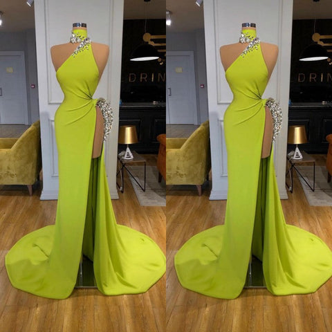 Stunning Ginger yellow Neck Glamorous high side-cut Long Evening Dress Triangle
