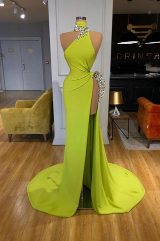 Stunning Ginger yellow Neck Glamorous high side-cut Long Evening Dress Triangle