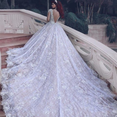 Impresionante vestido de novia musulmán de encaje transparente con cuentas de cristal