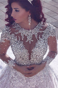 Impresionante vestido de novia musulmán de encaje transparente con cuentas de cristal
