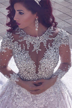 Impresionante vestido de novia musulmán de encaje transparente con cuentas de cristal