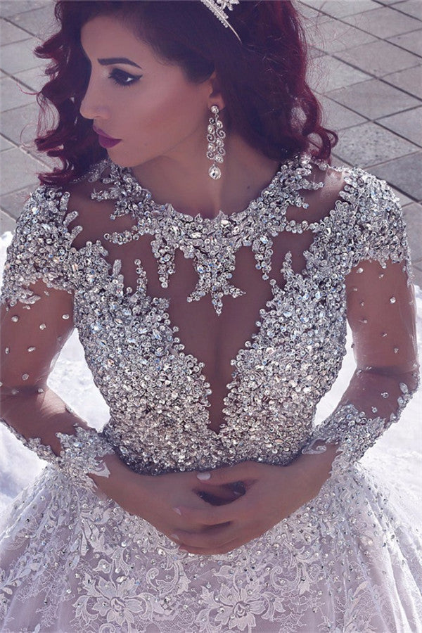 Impresionante vestido de novia musulmán de encaje transparente con cuentas de cristal