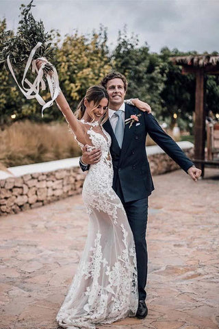 Superbe robe de mariée rustique sirène transparente avec applications de dentelle et manches WD447