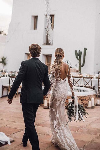 Superbe robe de mariée rustique sirène transparente avec applications de dentelle et manches WD447