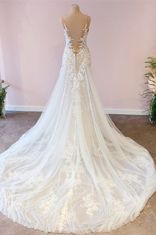 Impresionante vestido de novia largo de corte A con tul, escote corazón, apliques de encaje y vestido de novia