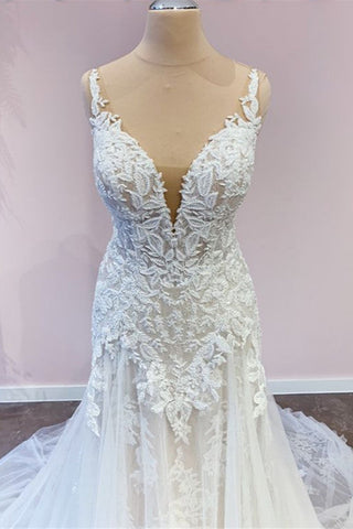 Impresionante vestido de novia largo de corte A con tul, escote corazón, apliques de encaje y vestido de novia