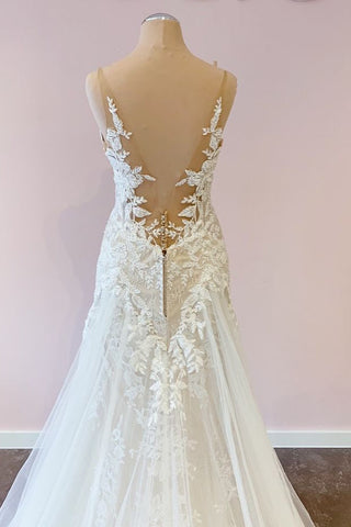 Impresionante vestido de novia largo de corte A con tul, escote corazón, apliques de encaje y vestido de novia