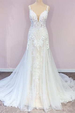 Impresionante vestido de novia largo de corte A con tul, escote corazón, apliques de encaje y vestido de novia