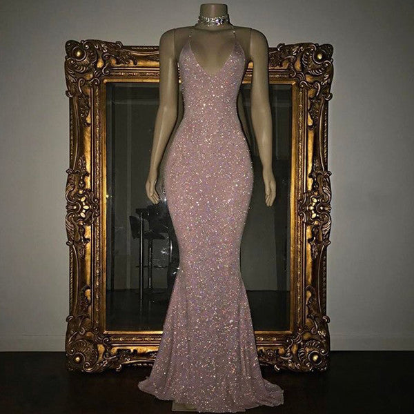 Impresionante vestido de sirena largo con tirantes finos y lentejuelas para baile de graduación