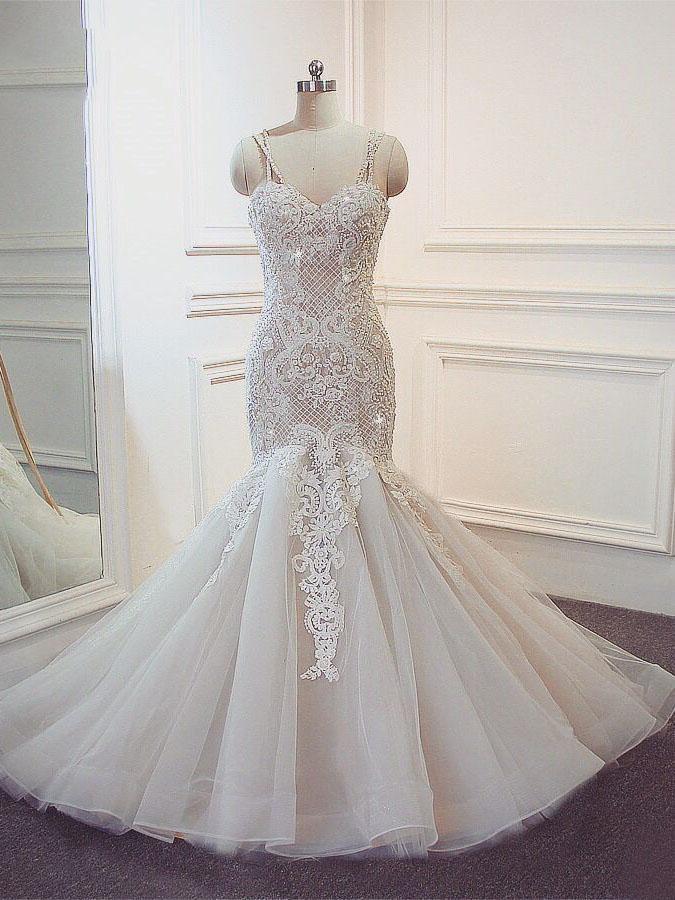 Superbes robes de mariée sirène longues à fines bretelles en dentelle