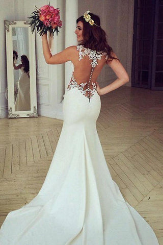 Impresionante vestido de novia de sirena sin mangas con encaje, cremallera y botones WD041