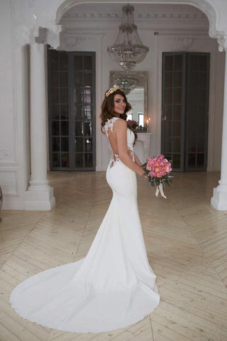 Impresionante vestido de novia de sirena sin mangas con encaje, cremallera y botones WD041