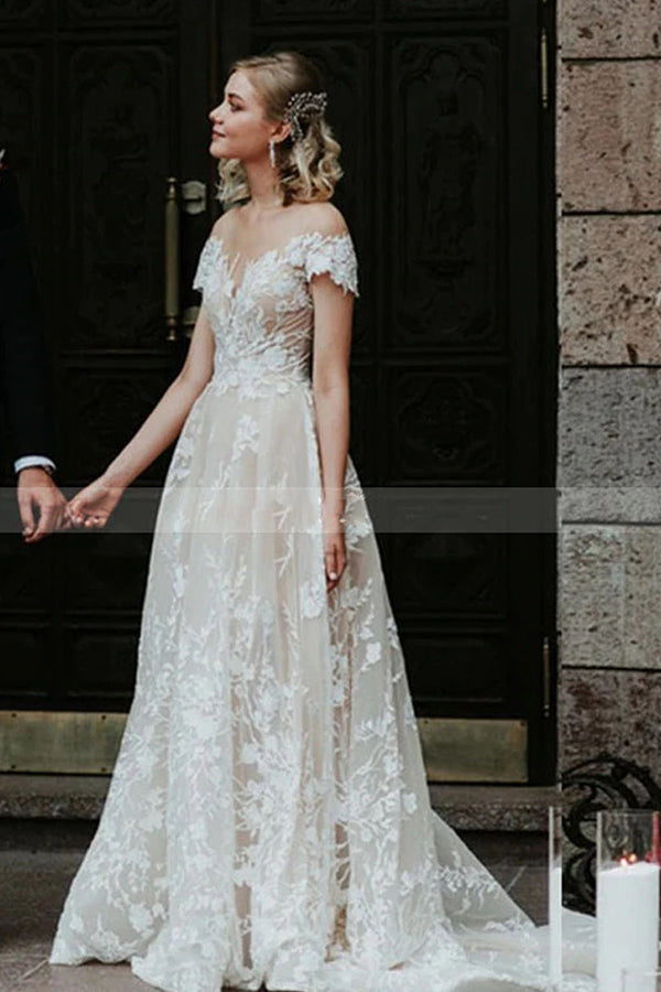 Robe de mariée princesse en dentelle florale à épaules dénudées