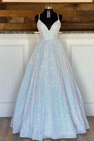 Impresionante vestido largo de fiesta rosa con lentejuelas y corte en A