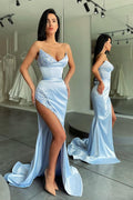 Robe de bal bleu ciel à sequins fendue et sublime, un incontournable