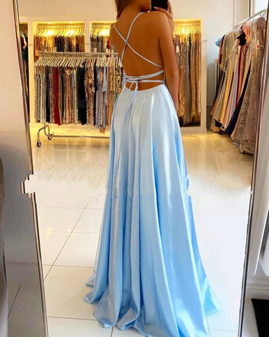 Stunning Spaghetti Straps Satin Evening Dress with Side Slit