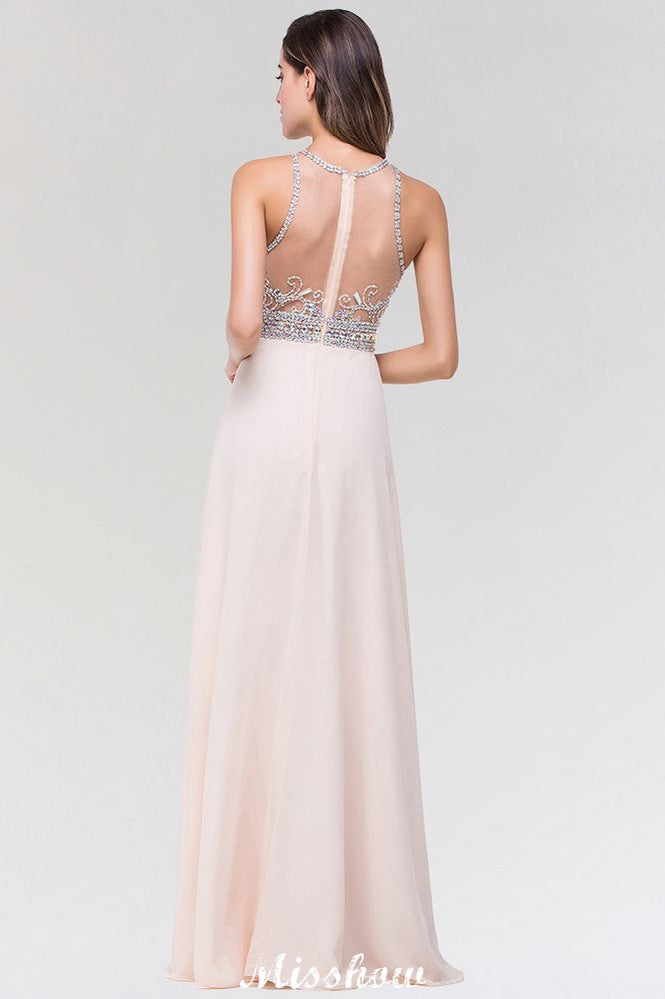 Elegante vestido de dama de honor de corte A, de gasa y tul, con escote redondo, sin mangas y largo hasta el suelo, adornado con cuentas.