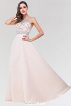 Elegante vestido de dama de honor de corte A, de gasa y tul, con escote redondo, sin mangas y largo hasta el suelo, adornado con cuentas.