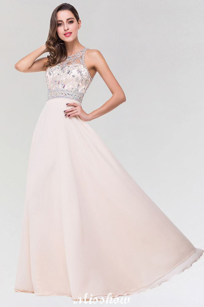 Elegante vestido de dama de honor de corte A, de gasa y tul, con escote redondo, sin mangas y largo hasta el suelo, adornado con cuentas.