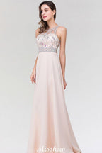 Elegante vestido de dama de honor de corte A, de gasa y tul, con escote redondo, sin mangas y largo hasta el suelo, adornado con cuentas.