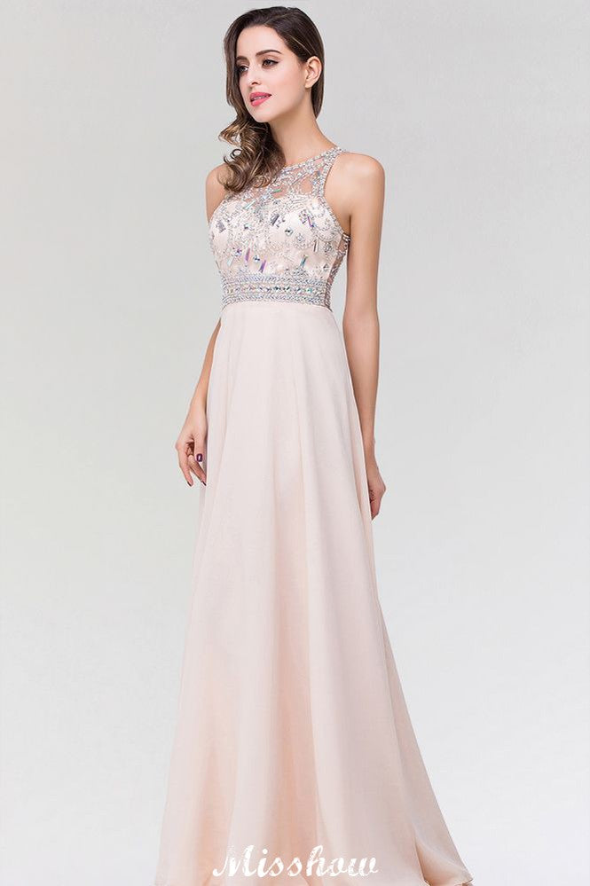 Elegante vestido de dama de honor de corte A, de gasa y tul, con escote redondo, sin mangas y largo hasta el suelo, adornado con cuentas.