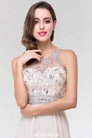 Elegante vestido de dama de honor de corte A, de gasa y tul, con escote redondo, sin mangas y largo hasta el suelo, adornado con cuentas.