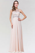 Elegante vestido de dama de honor de corte A, de gasa y tul, con escote redondo, sin mangas y largo hasta el suelo, adornado con cuentas.
