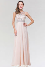 Elegante vestido de dama de honor de corte A, de gasa y tul, con escote redondo, sin mangas y largo hasta el suelo, adornado con cuentas.