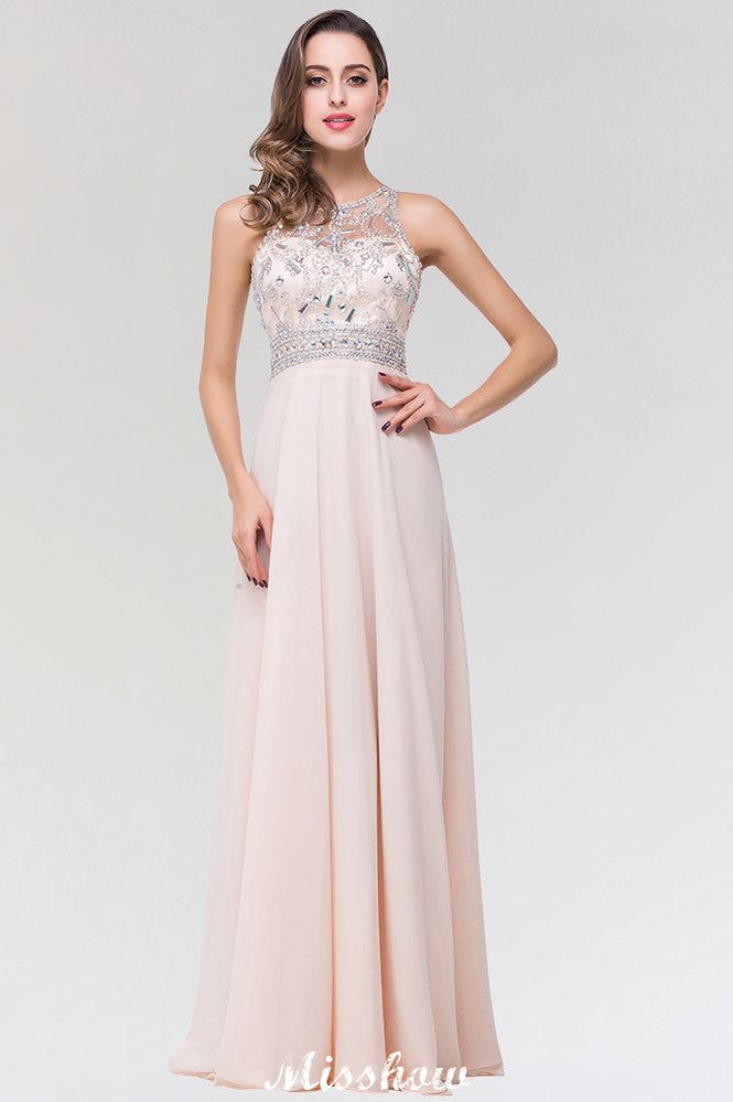 Elegante vestido de dama de honor de corte A, de gasa y tul, con escote redondo, sin mangas y largo hasta el suelo, adornado con cuentas.