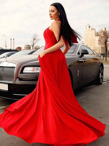 Stylish A-line Halter Red Long Prom Formal Dresses with Pockets