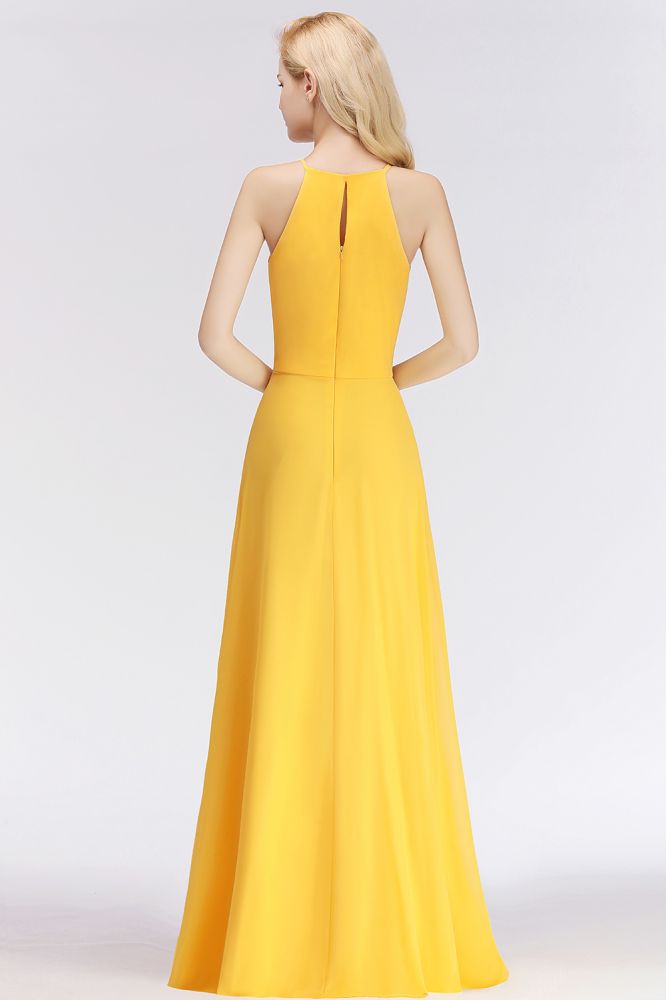 Robes de demoiselle d'honneur jaunes élégantes, coupe trapèze, dos nu, sans manches, longueur au sol