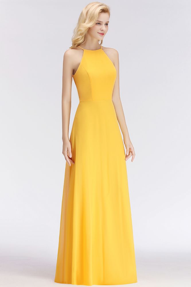Elegantes vestidos de dama de honor amarillos de corte A, sin mangas y hasta el suelo con cuello halter