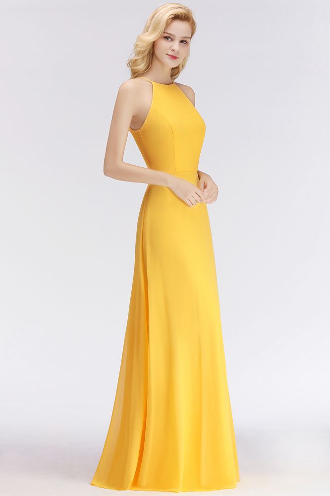 Robes de demoiselle d'honneur jaunes élégantes, coupe trapèze, dos nu, sans manches, longueur au sol