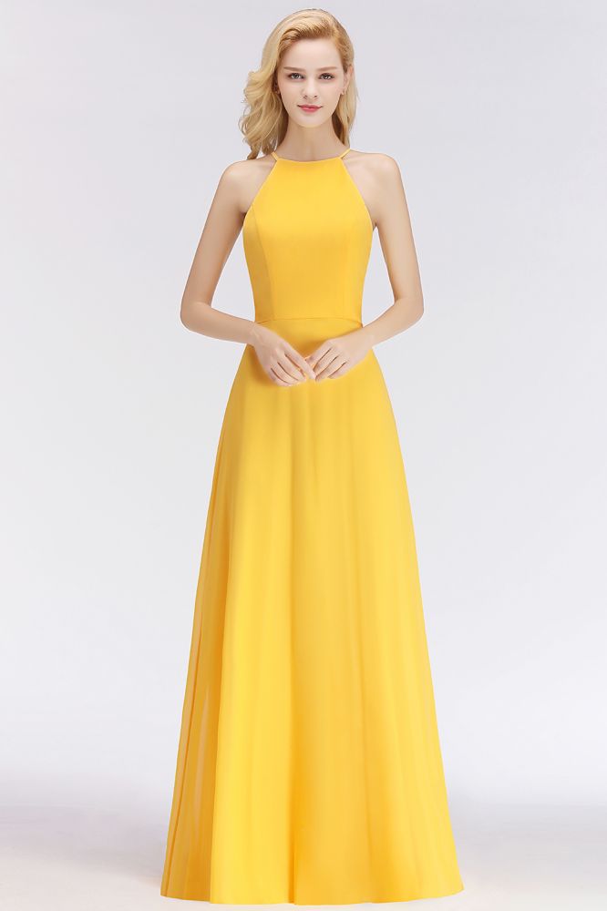 Elegantes vestidos de dama de honor amarillos de corte A, sin mangas y hasta el suelo con cuello halter