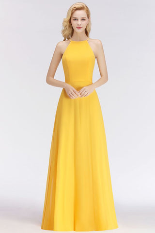 Stylish A-line Halter Sleeveless Floor Length Yellow Bridesmaid Dresses