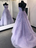 Robes de bal longues élégantes en tulle et dentelle, coupe trapèze, bretelles spaghetti et dos nu