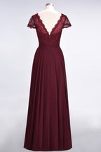 Robe de demoiselle d'honneur élégante, coupe trapèze, col en V, manches courtes et longueur au sol