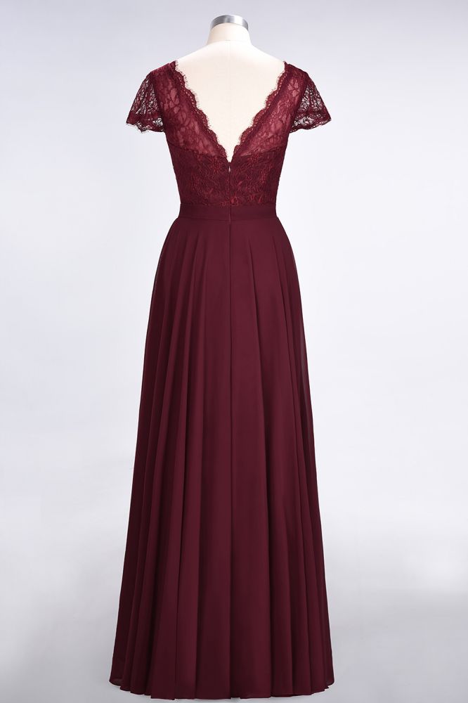 Robe de demoiselle d'honneur élégante, coupe trapèze, col en V, manches courtes et longueur au sol