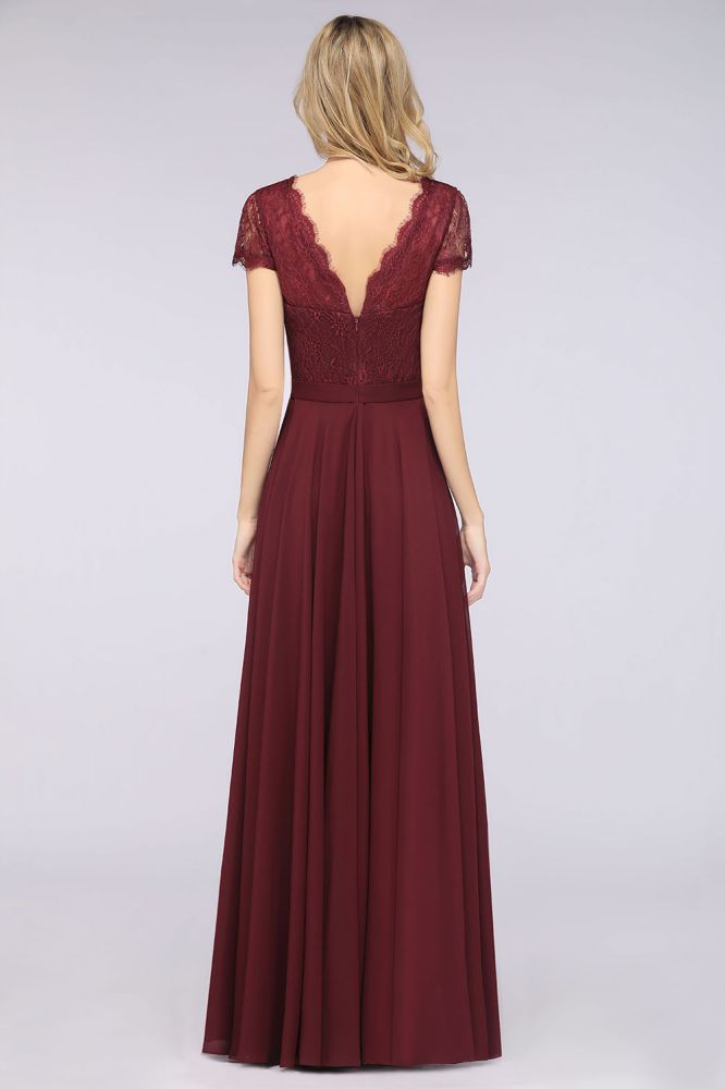 Elegante vestido de dama de honor de corte A, escote en V, mangas cortas y largo hasta el suelo